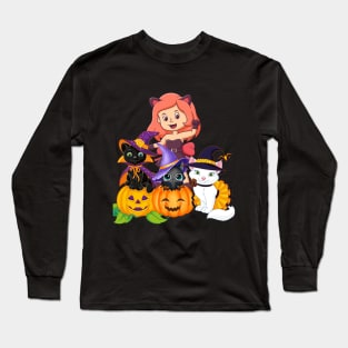 funny witch and her cats enjoy in halloween Long Sleeve T-Shirt